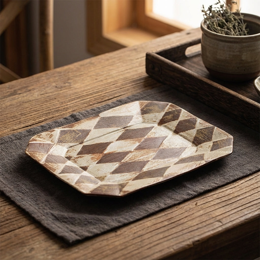Rustic Geometric Ceramic Plate – 9 Inch