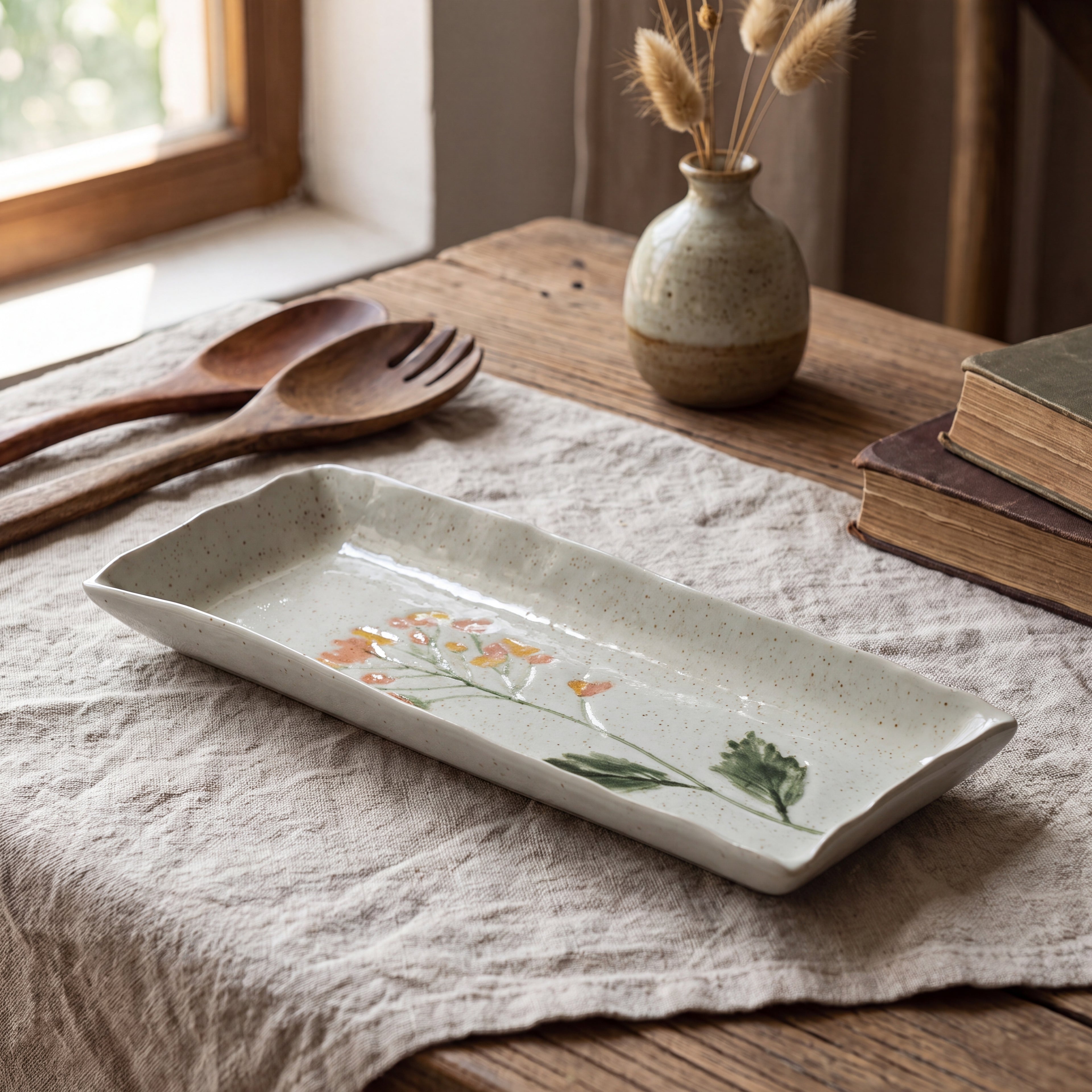 Ivory Floral Rectangular Ceramic Serving Plate – 11.4 Inch / 29cm