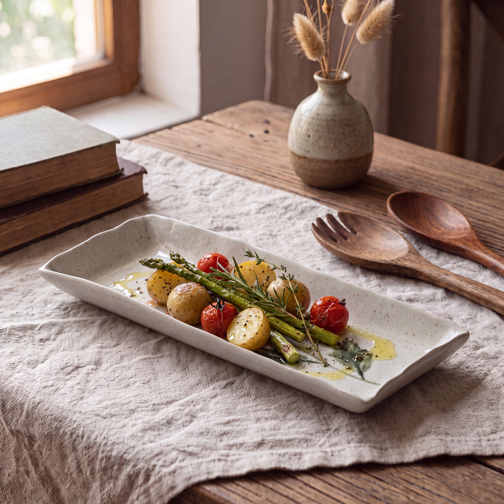 Ivory Floral Rectangular Ceramic Serving Plate – 11.4 Inch / 29cm