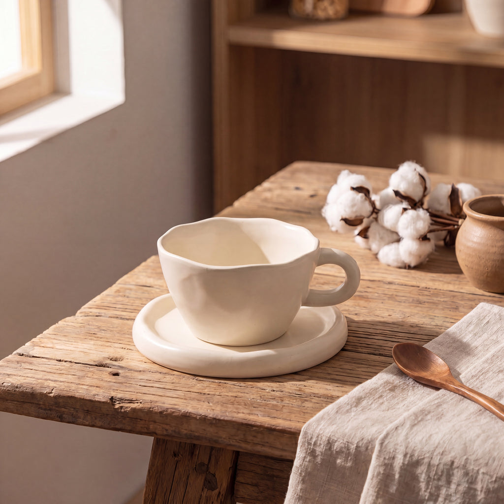 Cream White Scalloped Ceramic Cup & Saucer Set – 300ml