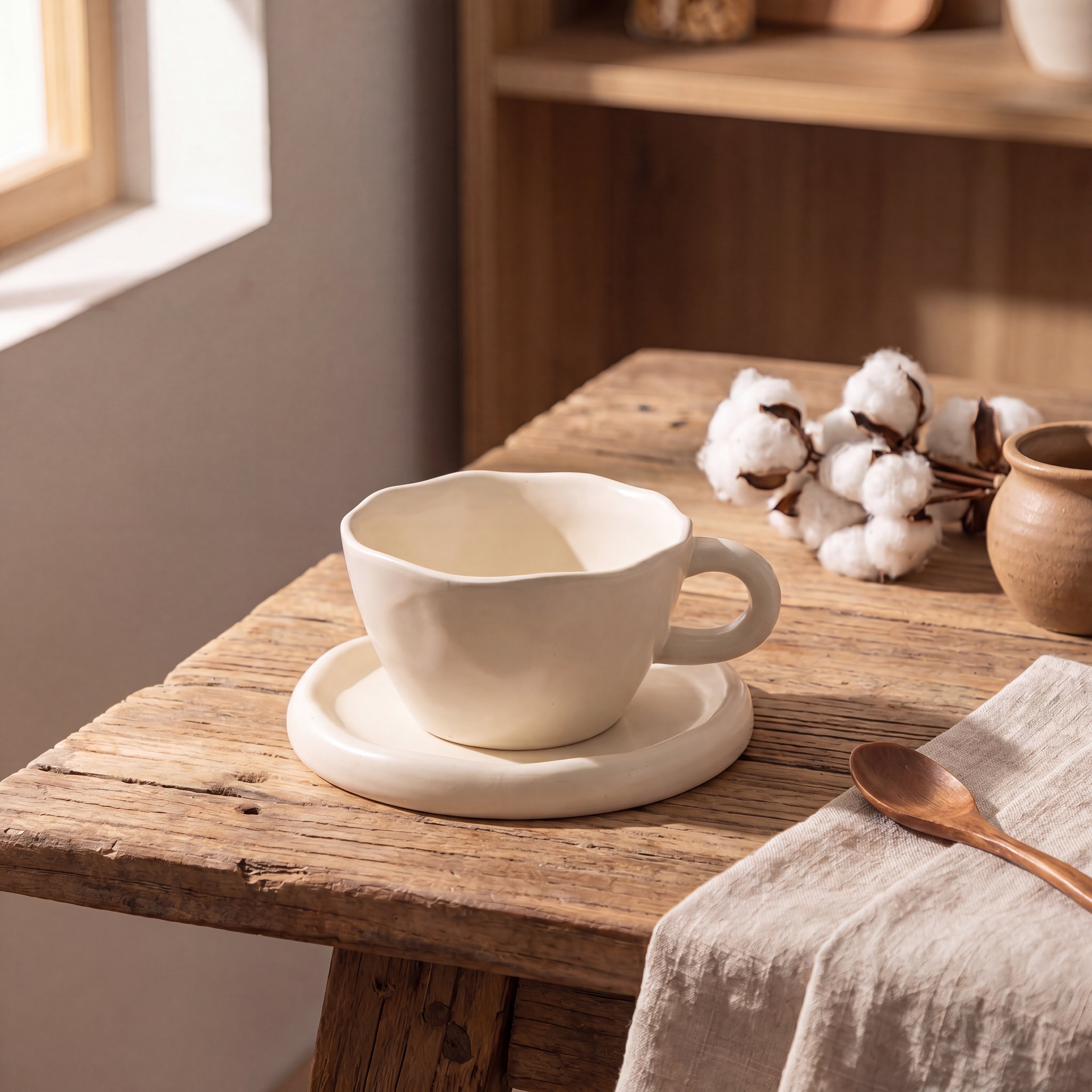 Cream White Scalloped Ceramic Cup & Saucer Set – 300ml