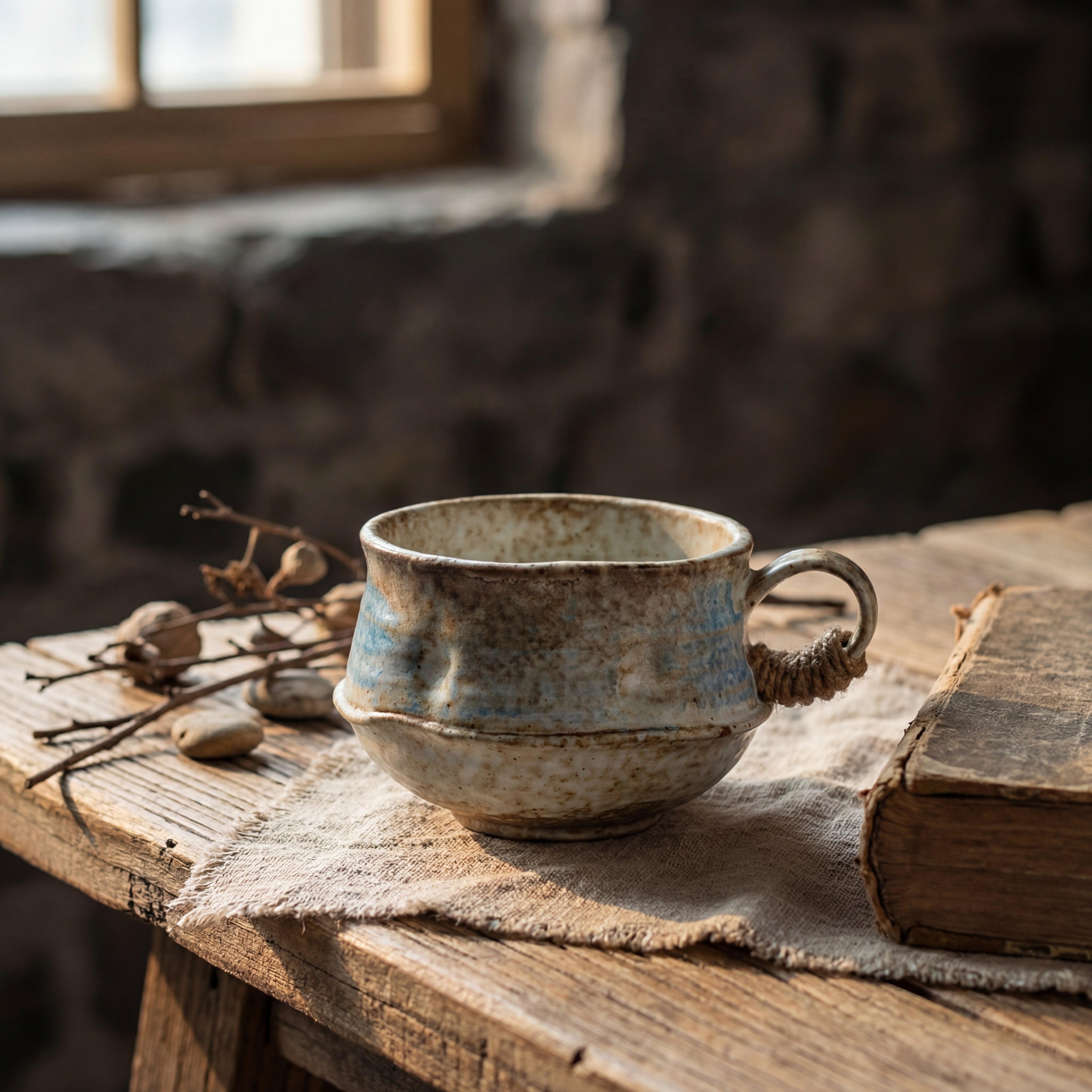Rustic Blue Rope Handle Ceramic Coffee Cup – 230ml