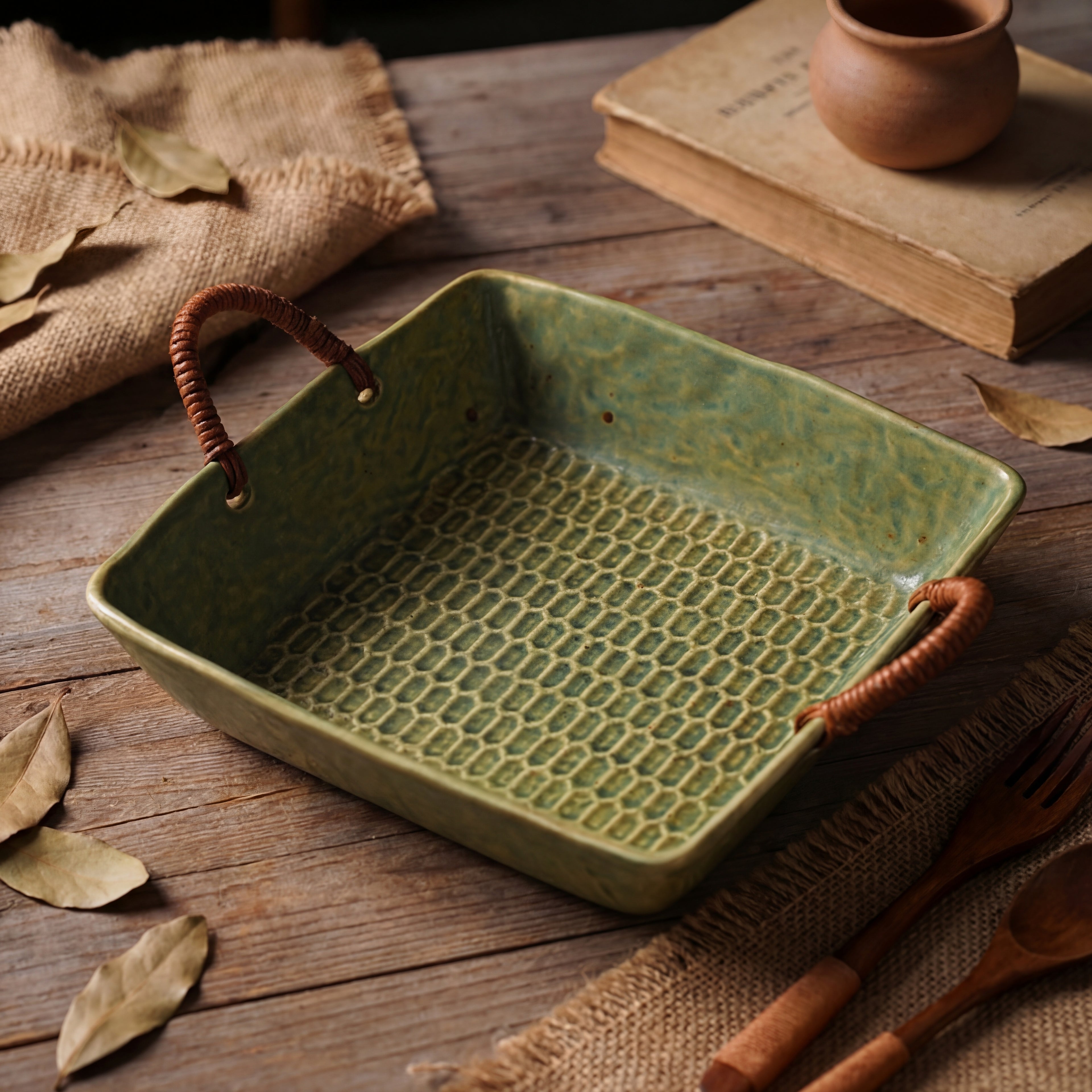 Green Kiln-Glazed Ceramic Serving Tray – 9 Inch