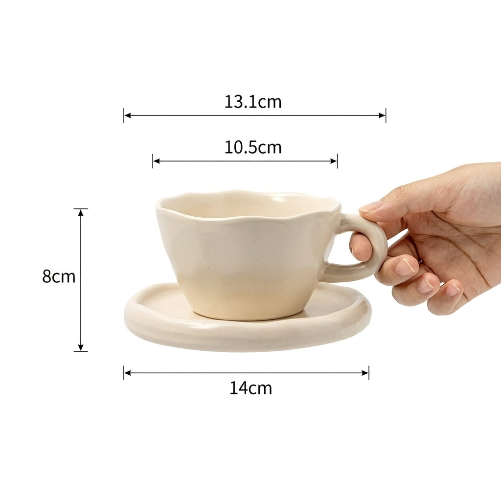 Cream White Scalloped Ceramic Cup & Saucer Set – 300ml