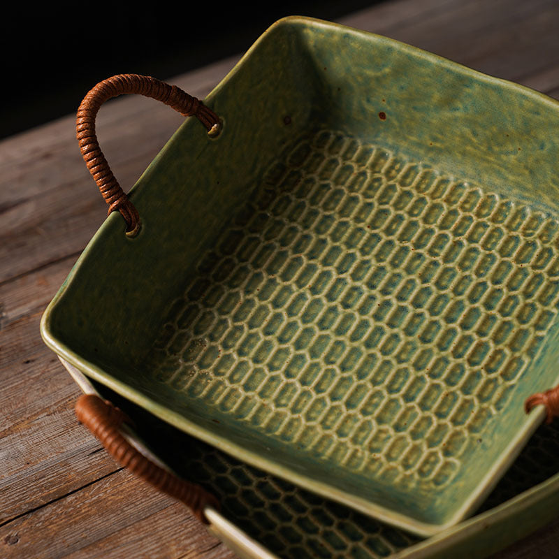 Green Kiln-Glazed Ceramic Serving Tray – 9 Inch